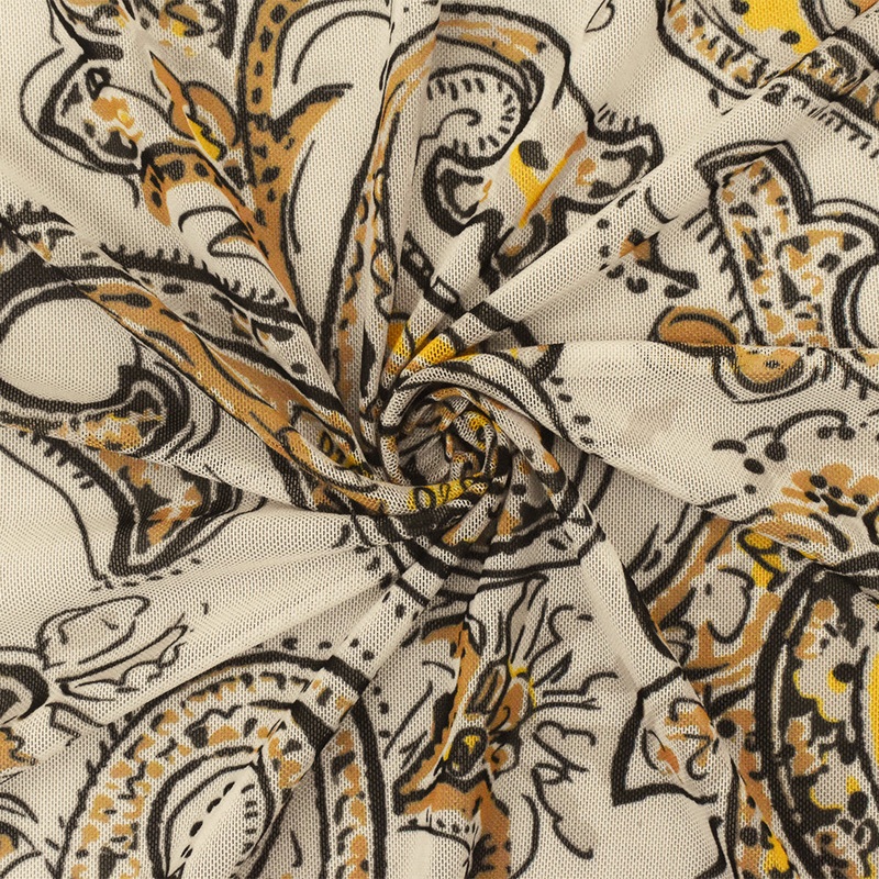 Yellow-Black-Beige Famous Designer Poly Stretch Paisley Printed Mesh Fabric