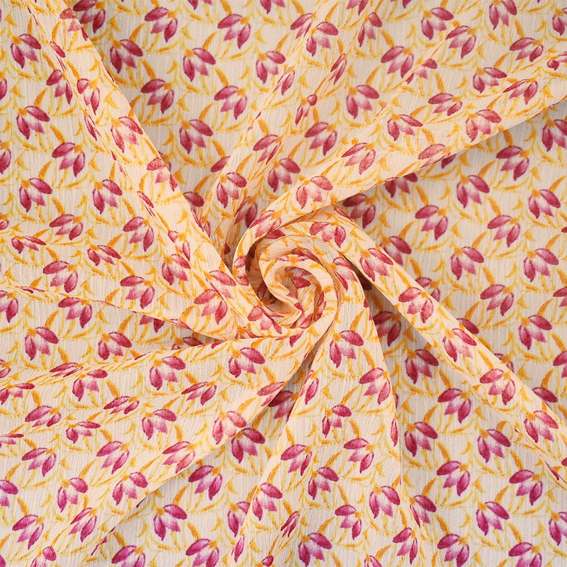 Yellow-Pink-Ivory Floral Printed Poly Yoryu Chiffon Woven Fabric