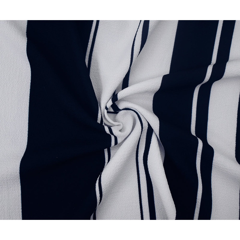 White-Deep Navy Stripe Printed Stretch Poly Spandex Crinkle Crepe Woven Fabric