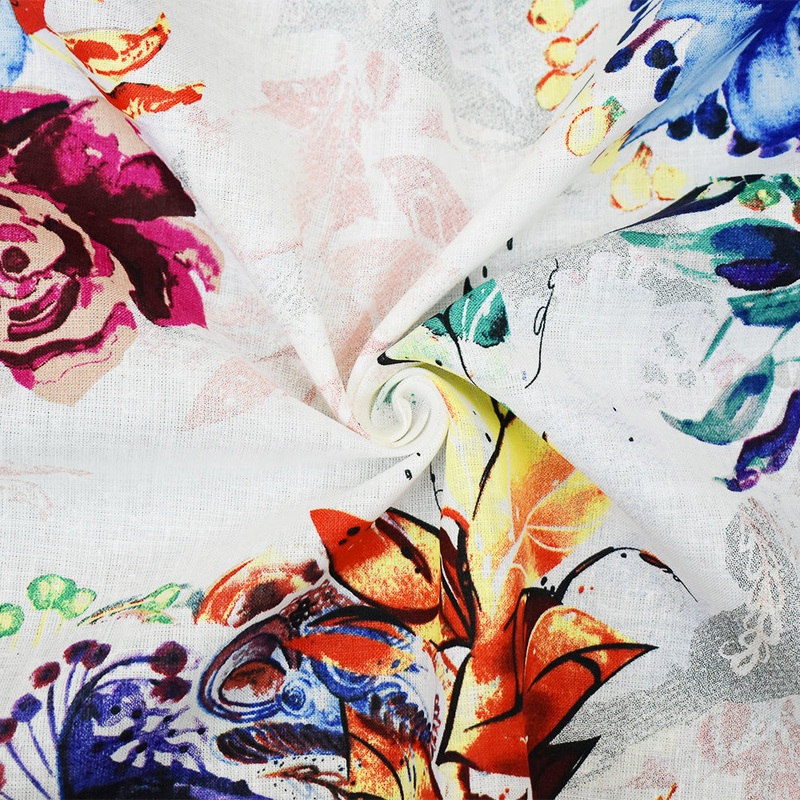 White-Fuchsia-Multi Floral Art Pattern Printed Linen Woven Fabric