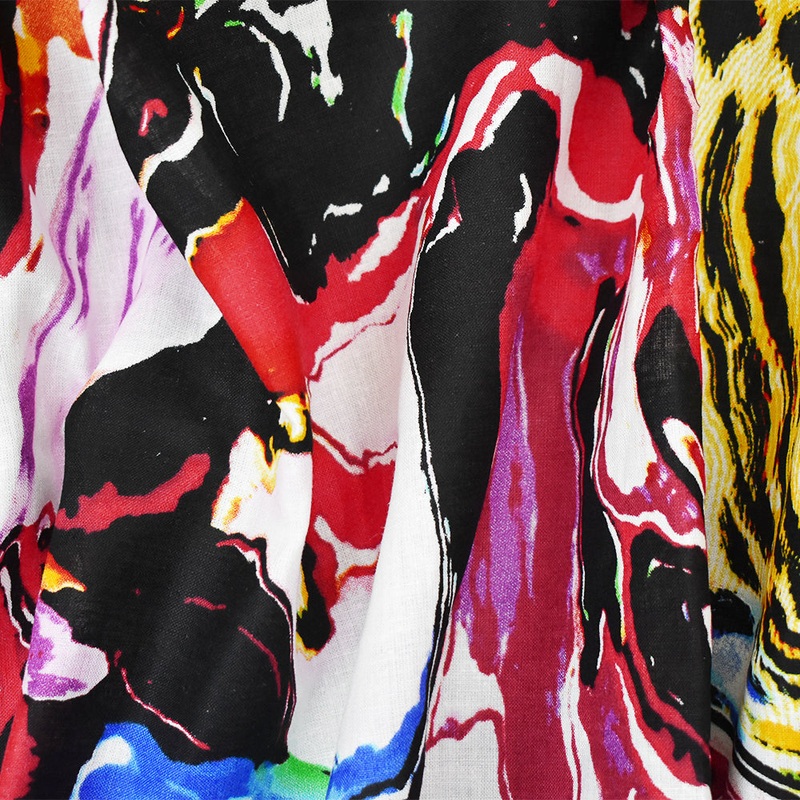 Yellow-Black-Multi Abstract Multi Pattern Printed Linen Woven Fabric