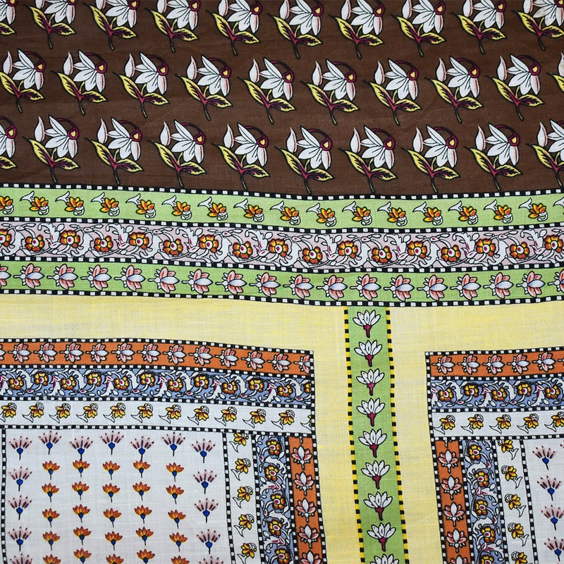 Yellow-Brown-Multi Floral Bandana Pattern Printed Linen Woven Fabric
