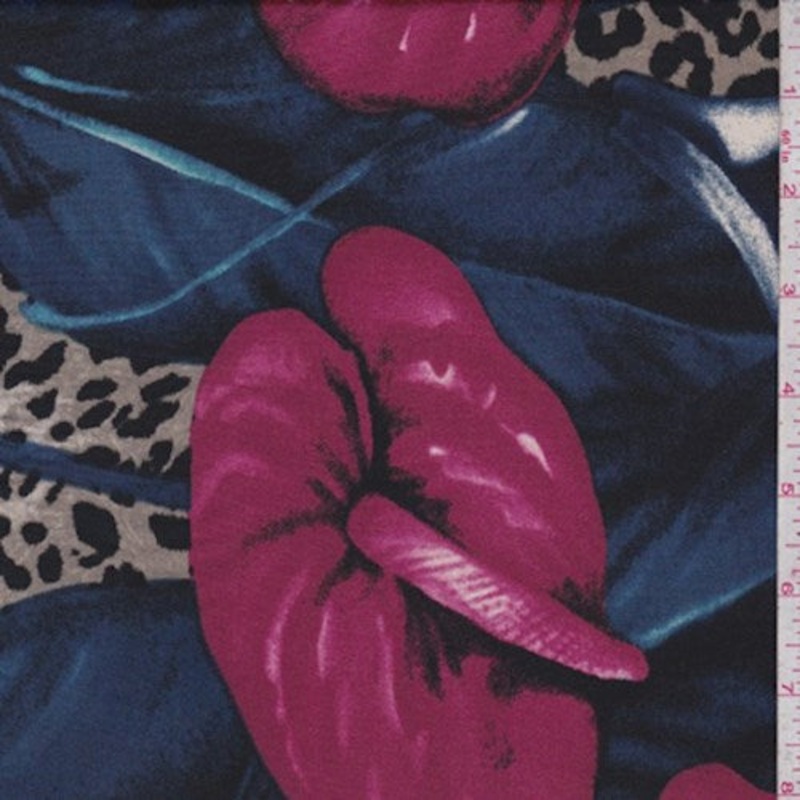 1 1/2 YD PC-Navy/Magenta Jungle Floral Nylon Knit Fabric