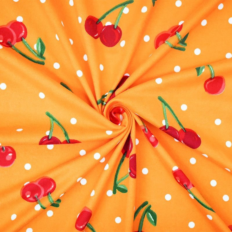 Yellow-Red Cherry Dot Printed Poly Stretch Double Brush Jersey Knit Fabric