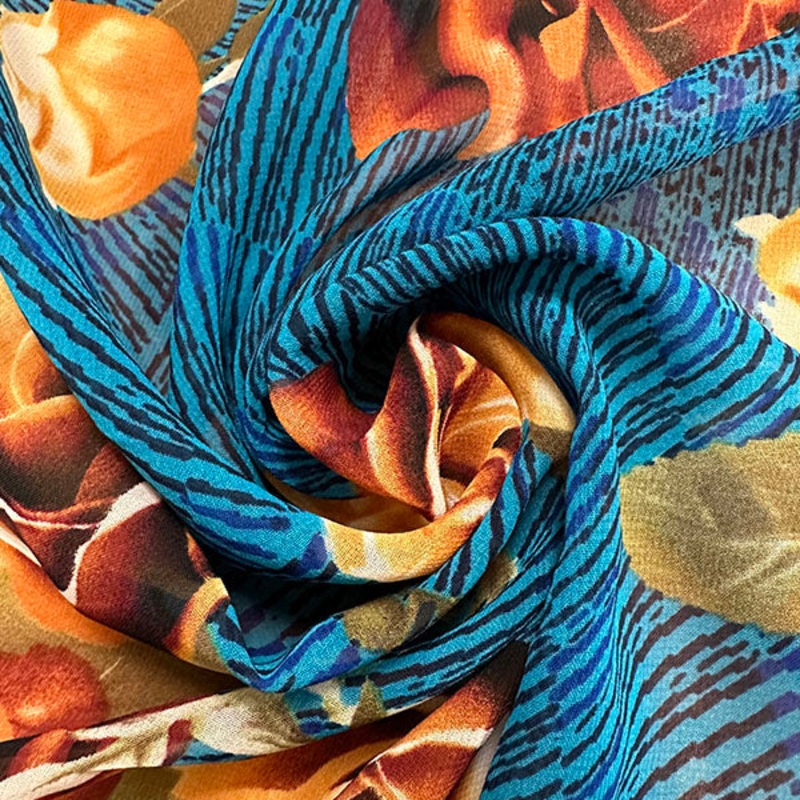 Yellow Rose Floral Print Poly Chiffon Fabric