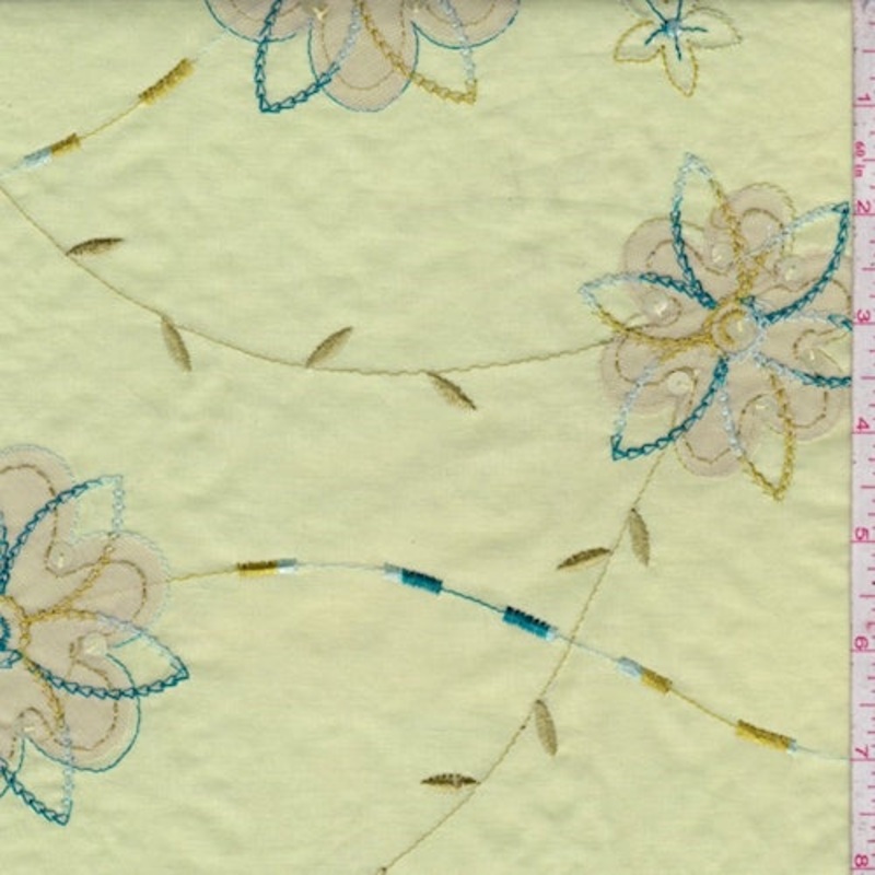 1 3/8 YD PC-Citron Green Embroidered Floral Lawn Fabric