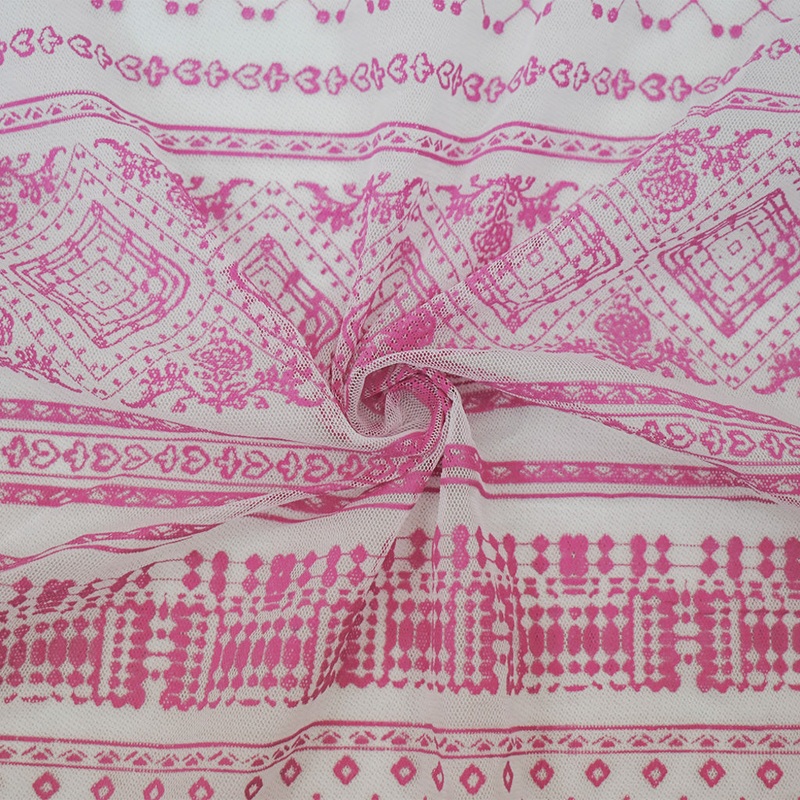 White-Pink Nylon Stretch Diamond Multi Pattern Stripe Print Mesh Tulle Fabric