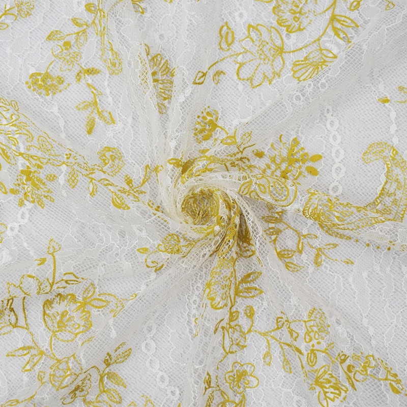 White-Yellow Nylon Floral Paisley Printed Lace Mesh Knit Fabric