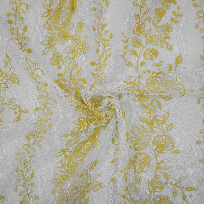 Yellow-White Nylon Floral Vine Printed Lace Mesh Knit Fabric