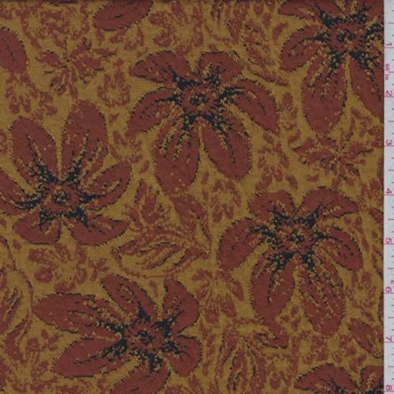 1 5/8 YD PC-Brick Orange/Dark Gold Daisy Floral Jacquard Knit Fabric