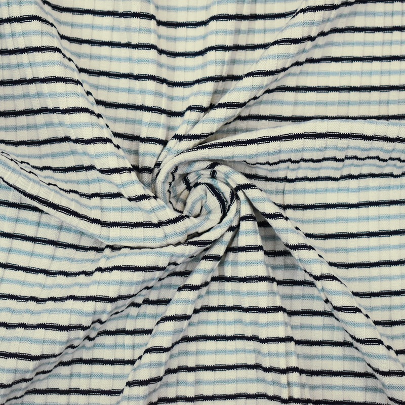 2 1/2 YD PC-White-Navy-Light Blue Cotton Stretch Stripe 8×4  Rib Knit Fabric
