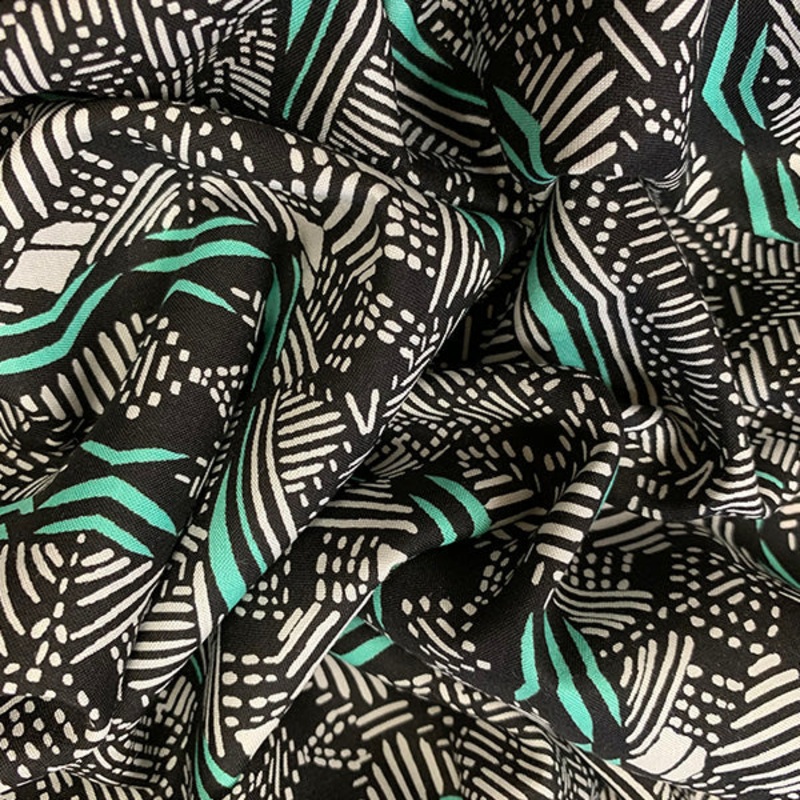 3 YD PC-Black and Aqua Novelty Print Stripe Rayon Challis Fabric