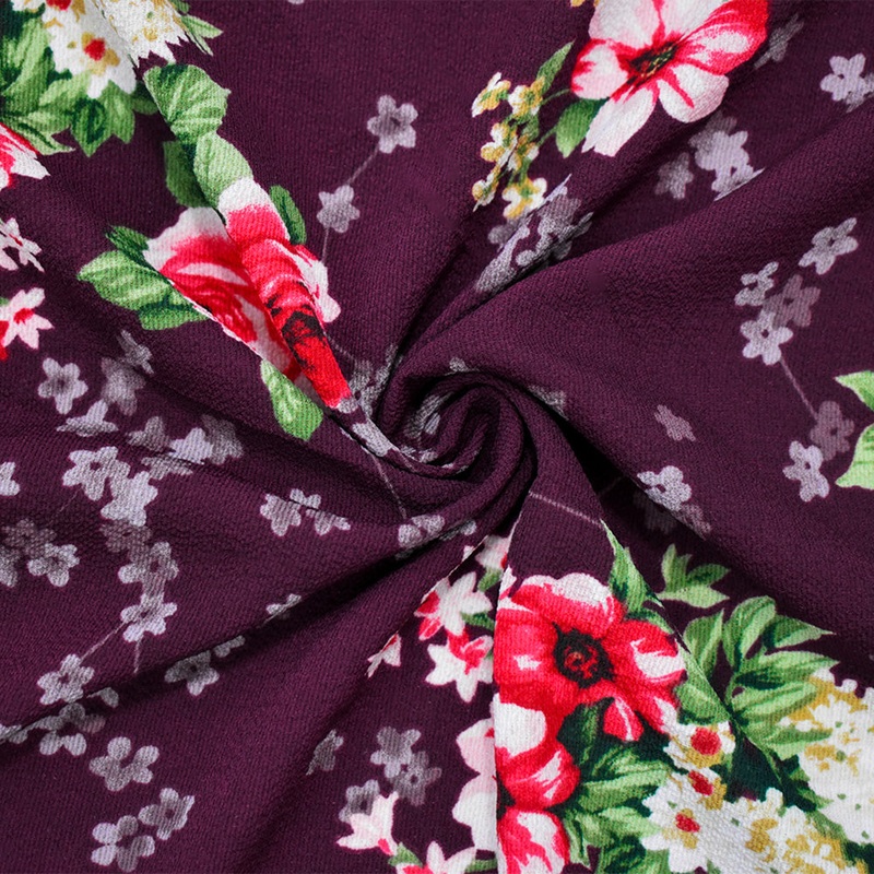 4 1/2 YD PC-Deep Burgundy-Multi Poly Floral Printed Pebble Crepe Woven Fabric