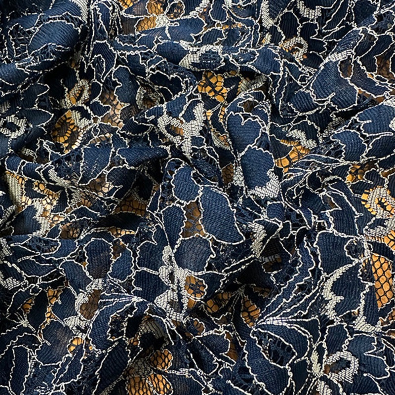 4 YD PC-Navy & Ivory Embroidered Floral Lace Fabric